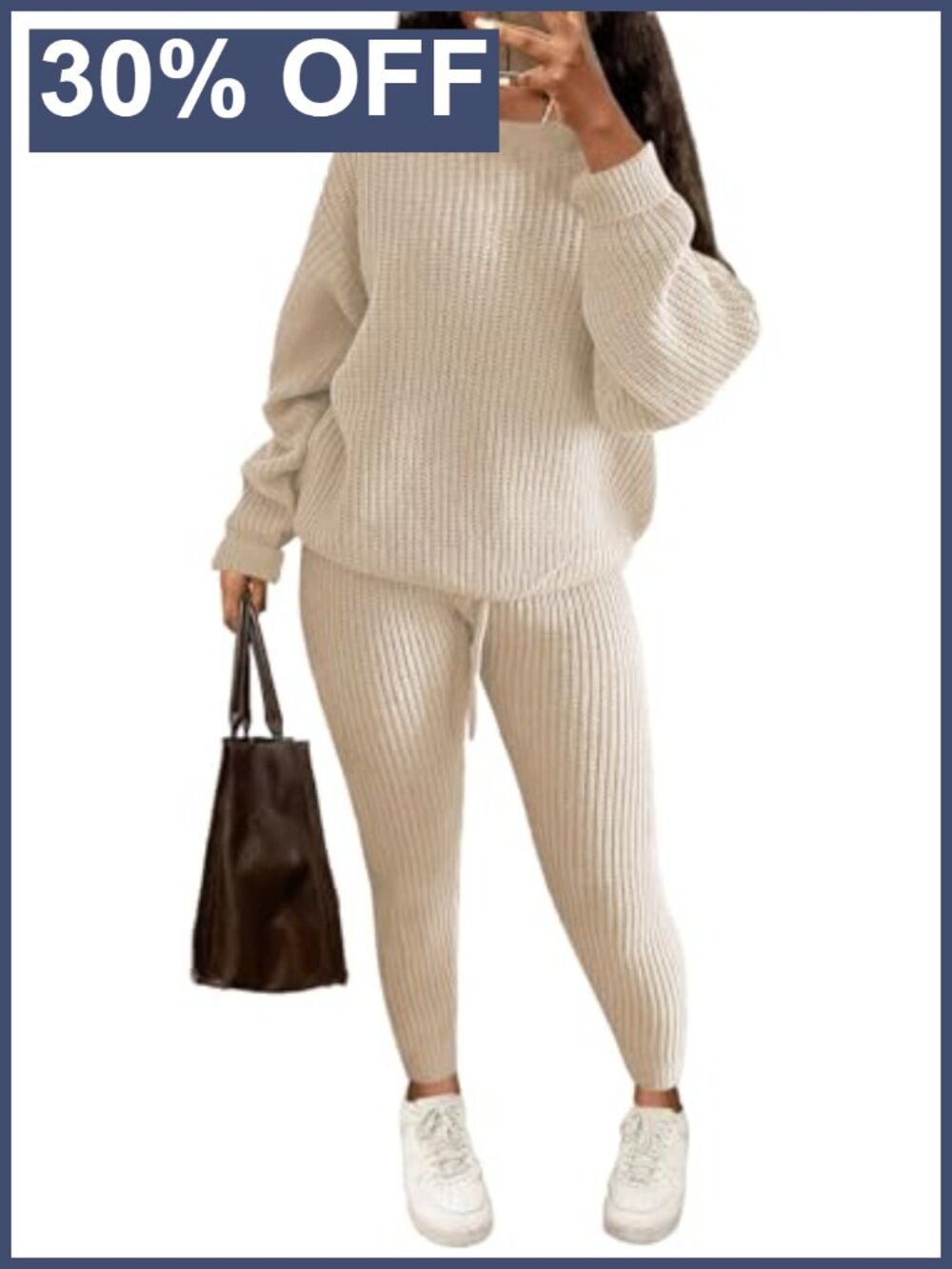 Women's 2 Piece Knit Sweater Lounge Set Long Sleeve Pullover & Drawstring Pants